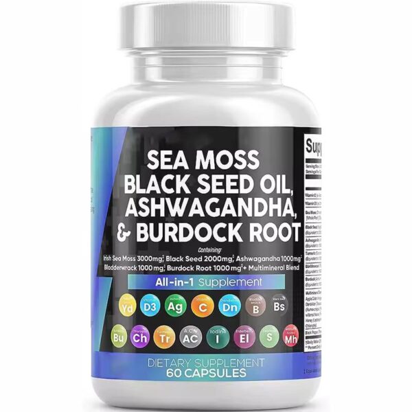 Sea Moss 3000mg Black Seed Oil 2000mg Ashwagandha 1000mg Turmeric 1000mg Bladderwrack 1000mg Burdock 1000mg & Vitamin C Vitamin D3