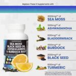 Sea Moss 3000mg Black Seed Oil 2000mg Ashwagandha 1000mg Turmeric 1000mg Bladderwrack 1000mg Burdock 1000mg & Vitamin C Vitamin D3