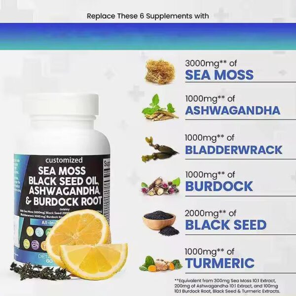 Sea Moss 3000mg Black Seed Oil 2000mg Ashwagandha 1000mg Turmeric 1000mg Bladderwrack 1000mg Burdock 1000mg & Vitamin C Vitamin D3