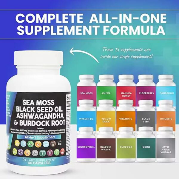 Sea Moss 3000mg Black Seed Oil 2000mg Ashwagandha 1000mg Turmeric 1000mg Bladderwrack 1000mg Burdock 1000mg & Vitamin C Vitamin D3