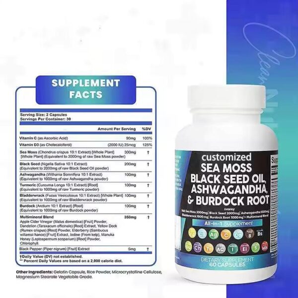 Sea Moss 3000mg Black Seed Oil 2000mg Ashwagandha 1000mg Turmeric 1000mg Bladderwrack 1000mg Burdock 1000mg & Vitamin C Vitamin D3