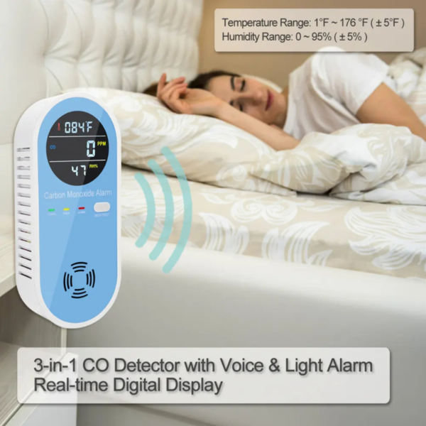 3-in-1 Carbon Monoxide Detector Plug-in with Temperature and Humidity Sensors | Portable CO Gas Alarm with LCD Display, Voice & Light Warning for Home, Travel, RV, and Industrial Use