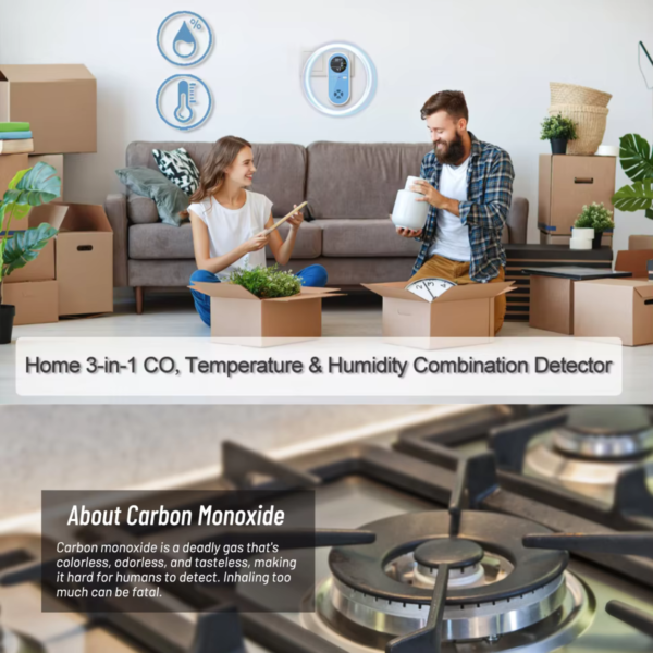 3-in-1 Carbon Monoxide Detector Plug-in with Temperature and Humidity Sensors | Portable CO Gas Alarm with LCD Display, Voice & Light Warning for Home, Travel, RV, and Industrial Use