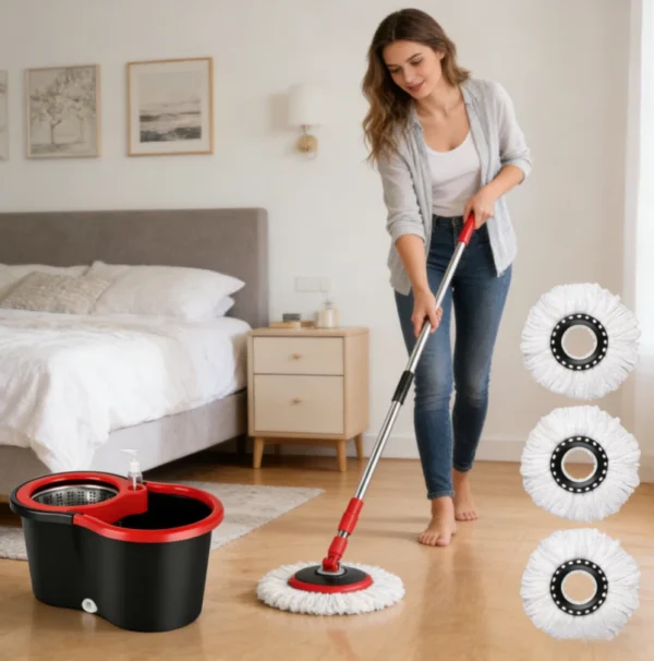360° Spin Mop and Bucket Set with Stainless Steel Wringer, Telescopic Handle & 3 Mop Heads