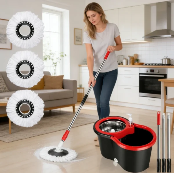 360° Spin Mop and Bucket Set with Stainless Steel Wringer, Telescopic Handle & 3 Mop Heads